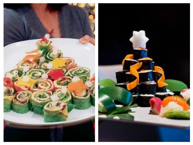 Что поможет вашим новогодним суши стать по-настоящему праздничными? Первый способ – это особая новогодняя сервировка. Выложите роллы на Новый год в форме пирамиды, украсьте икрой и вот съедобная елка на столе. Для таких суши используйте зеленую икру летучей рыбы или украсьте зеленью. Как на фото новогодних суши елок ниже.В целом вариантов оформления елочек масса, смотрите сами!