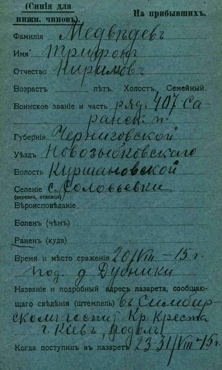 1915 год, Карточка госпиталя: Медведев Трифон Кириллович