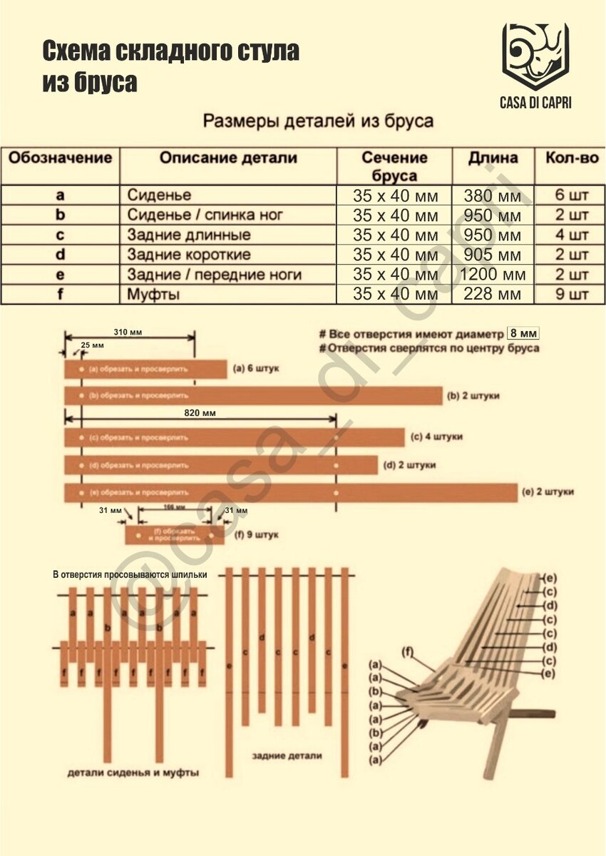 Схема сборки складного стула из бруса