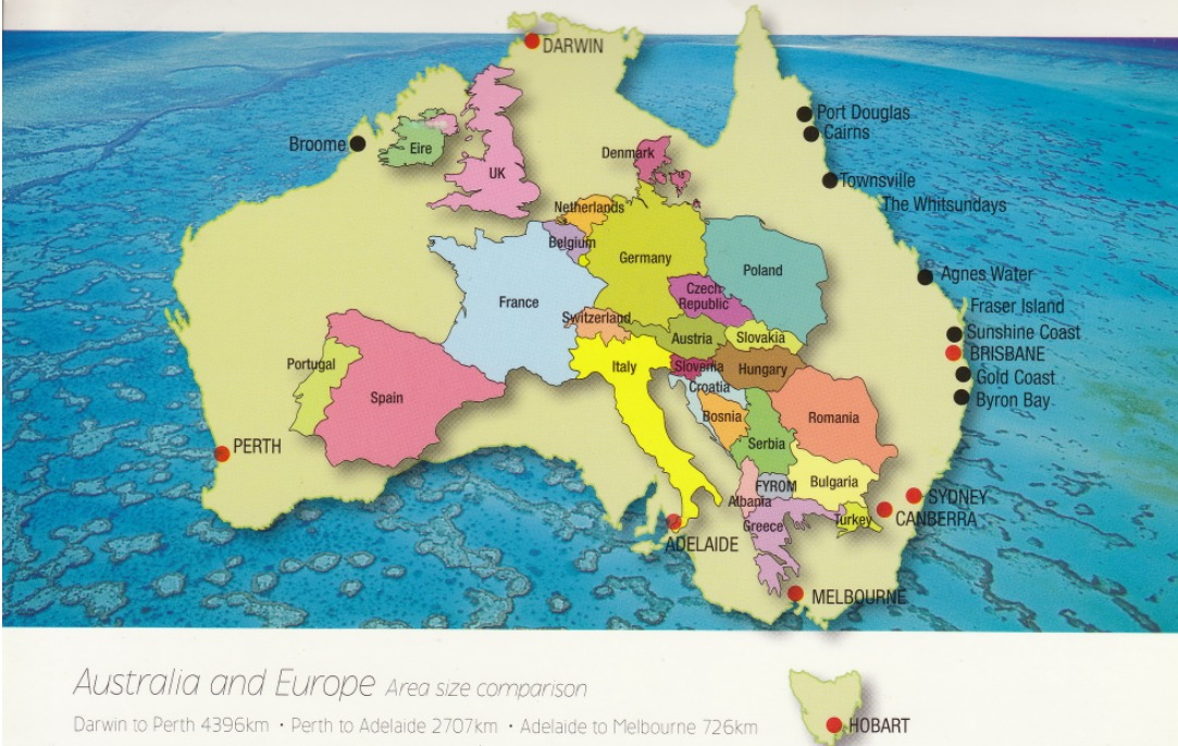 Карта Австралии в сравнении с картой Европы. Скриншот-цитата. 