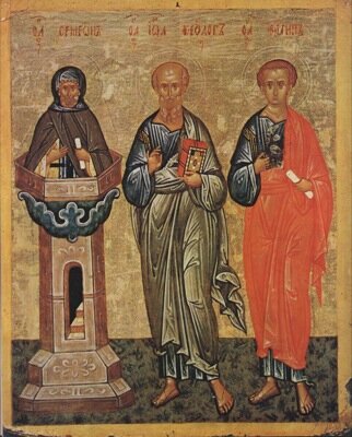 На иконе святые Симеон Столпник, Иоанн Богослов, апостол Филипп. Новгород, конец XV века. Из Софийского собора. Новгородский музей. Источник: http://www.patriarchia.ru/db/text/913443.html