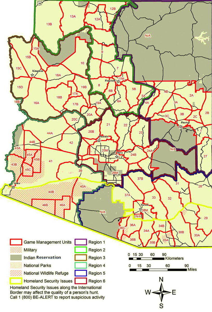 Карта деления штата Аризона на охотничьи зоны