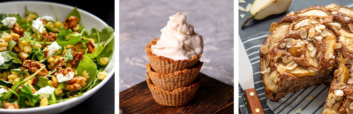 Салат с фетой и орехами, банановое мороженое и грушево-медовый пирог