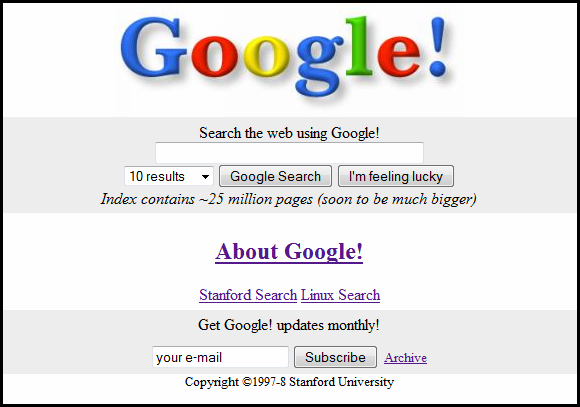    Первая версия сайта Google