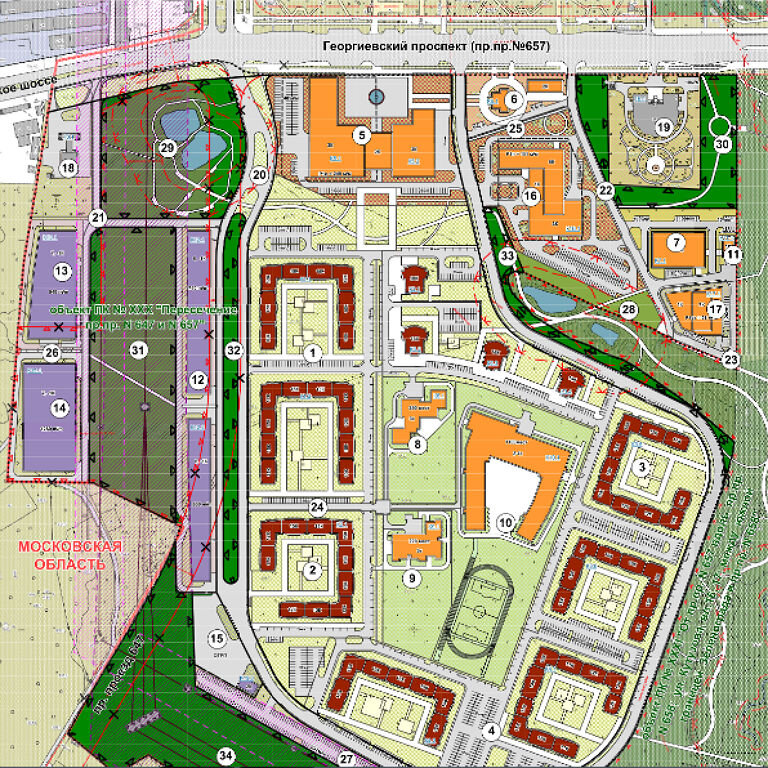   Территория с планируемым размещением объектов капитального строительства. (Спорткомплекс — объект 7) 