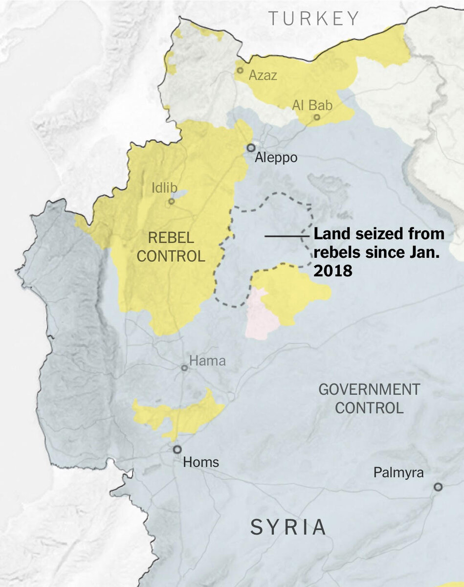 желтым - повстанцы, пунктир - территория, отвоеванная у повстанцев с января 2018 