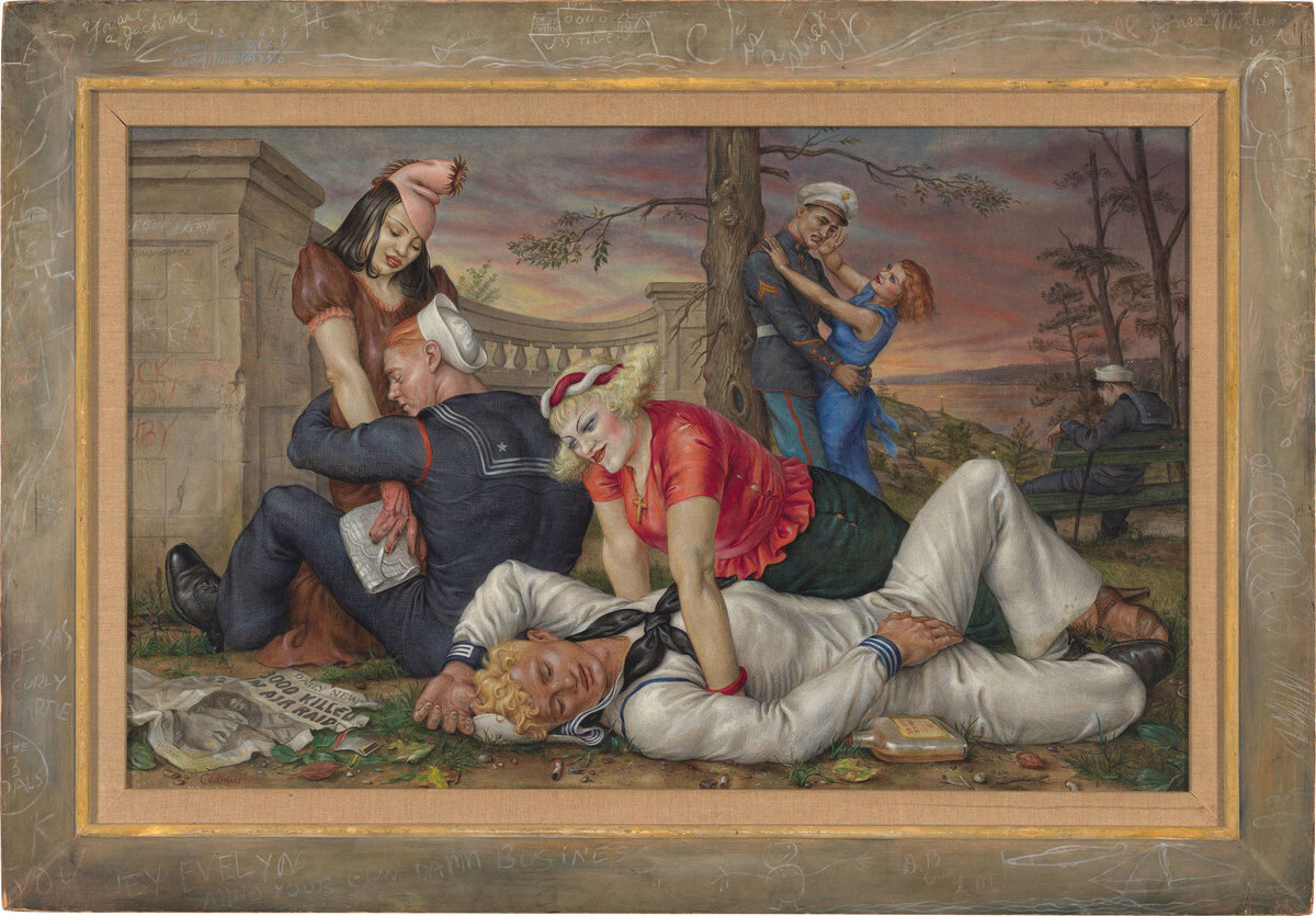 Paul Cadmus, Sailors and Floosies, 1938. Обратите внимание на раму, она специально будто граффити изрисована - авторская концепция, оч. крутая идея, особенно для той эпохи.