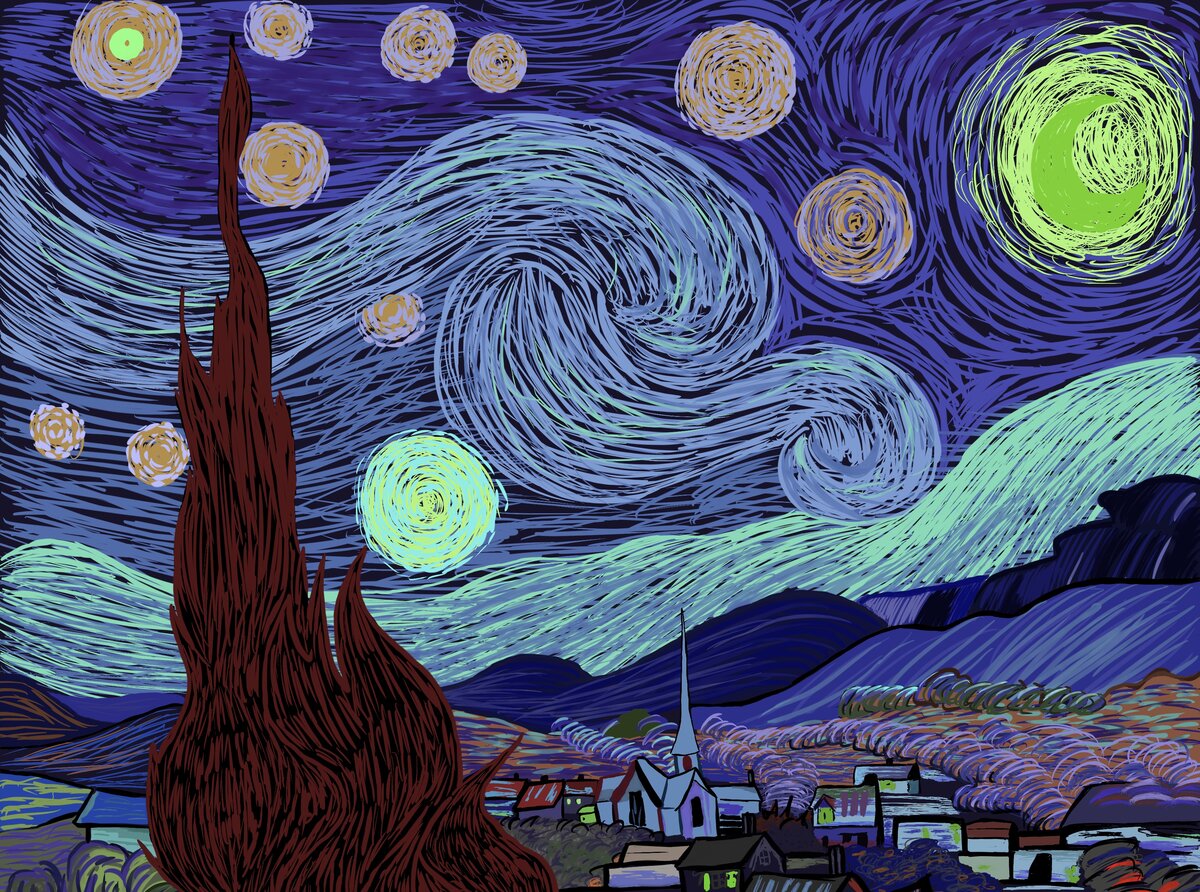 нейрографика нейроарт. рисуем картину ван гога. ван гог звездная ночь пастелью. звездная ночь ван гог 1889. рисуем картину ван гога.
