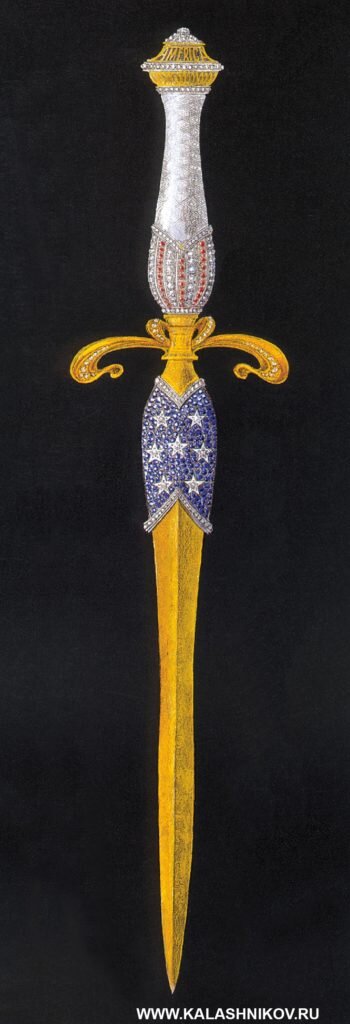 Кинжал «Америка». В оформлении использованы бриллианты, сапфиры и рубины. Длина клинка 200 мм