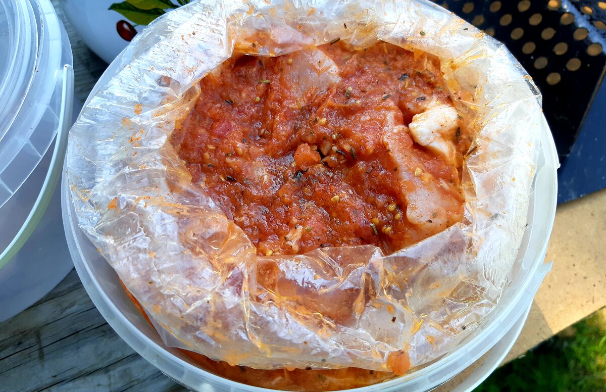 Так выглядит шашлык после ночи с помидорами. Он у меня мариновался в целлофановом пакете, так практичнее.