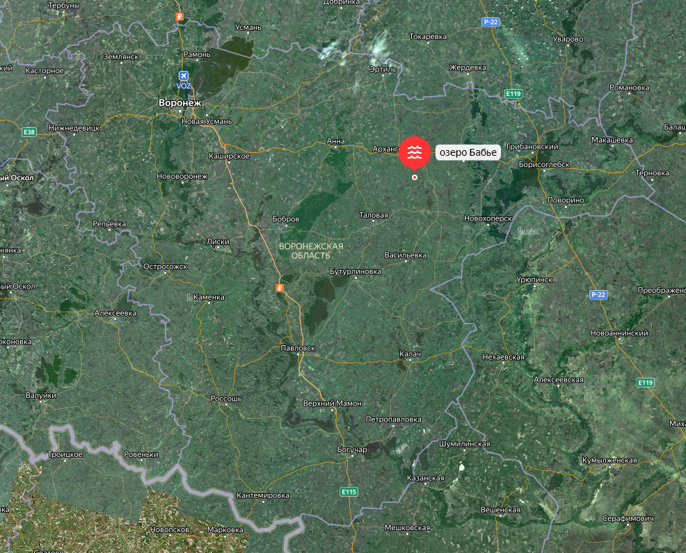 Озеро Бабье на карте Воронежской области