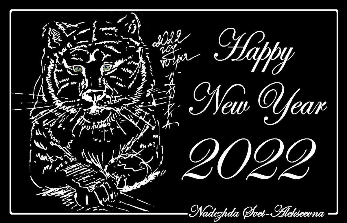 Авторская открытка с Новым годом тигра 2022. Тигр Черный фон