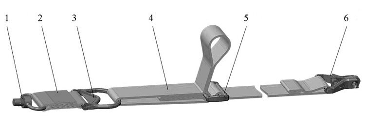 1 - металлическая антабка; 2 - ремень; 3 - металлическая пряжка; 4 - ремень; 5 - металлическая пряжка; 6 - металлический карабин.(фото из открытых источников)