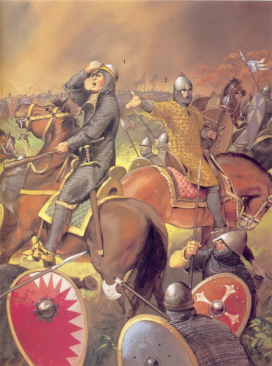 Второй всадник словно восклицает: "Да вот же он: живой, здоровый!". Битва при Гастингсе, 1066