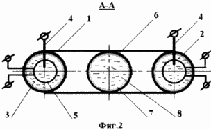        Схема МГД генератора. ntpo.com... 1- корпус. 2, 8 - дистиллированная вода. 3, 7 - сегнотоэлектрик. 4 - электроды. 5 - обмотки возбуждения. 6 - камера стабилизации.