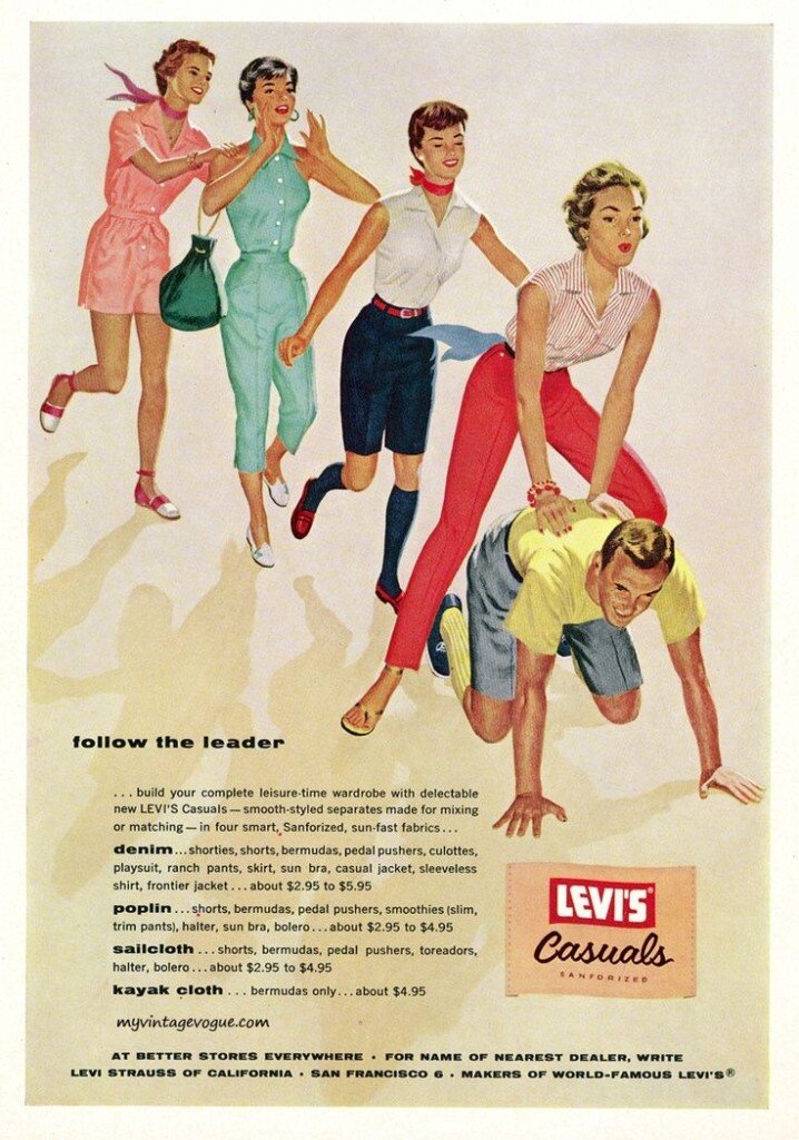 Реклама дамских слаксов Levi's, конец 1950-х гг. Обратите внимание на разнообразие тканей: деним, поплин, парусина...