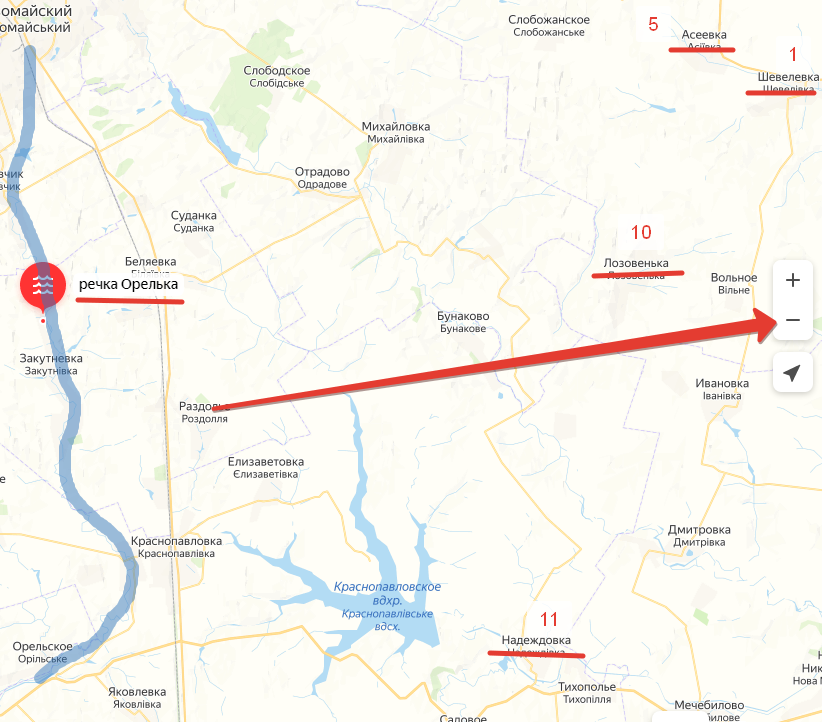 Направление отхода с рубежа Орелька - Надеждовка. Создано на основе Яндекс-Карт