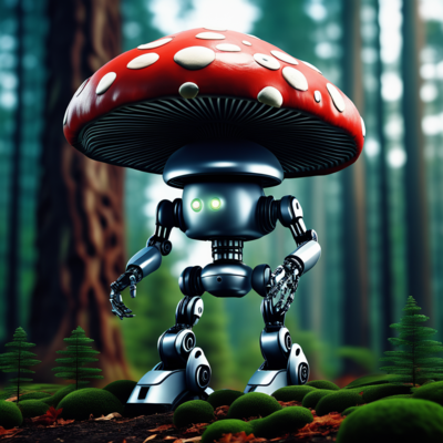 Робот несёт гриб в кожевенную мастерскую. "Там мне сделают кожу и я стану похож на стилиста Сергея Зверева", - радостно размышляет железный болван.