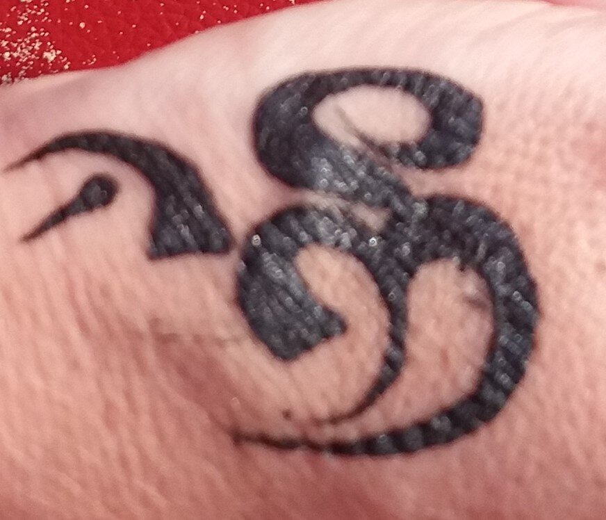 Знак "ом" - нарисовано хной.  Счастье, благополучие и т.д.