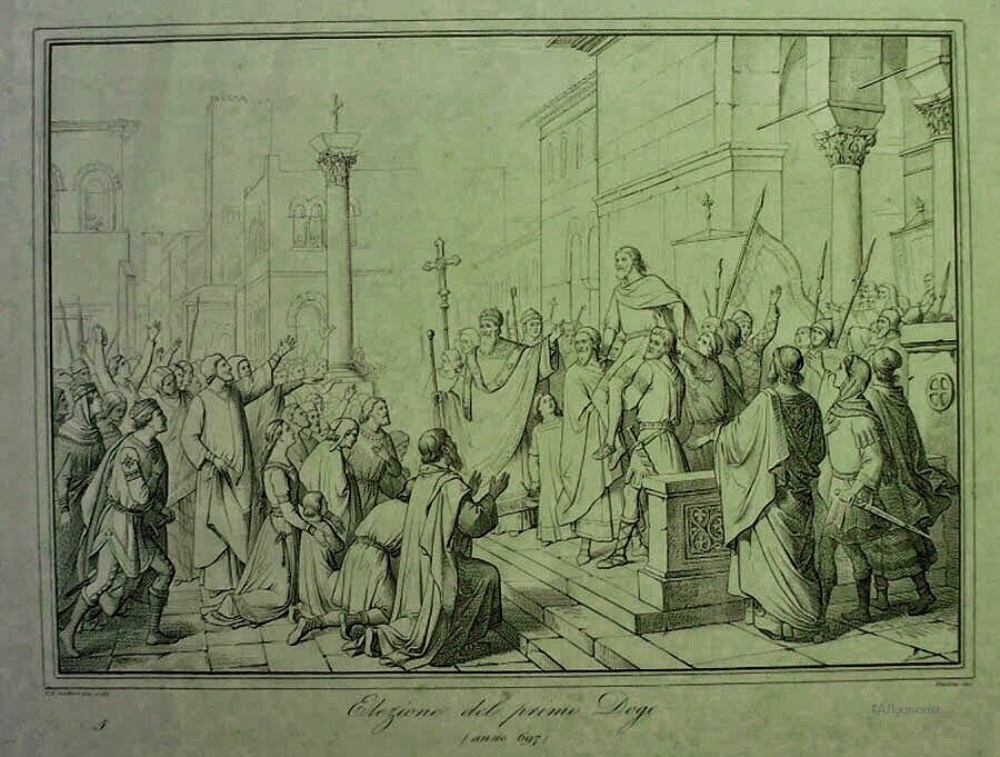 Выборы дожа Венеции на площади Святого Марка (средневековая гравюра)