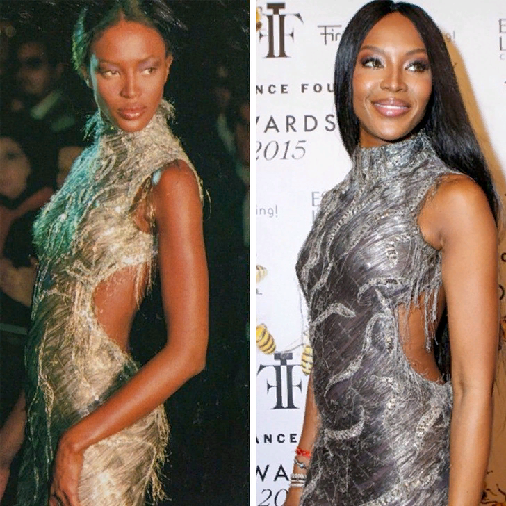 Наоми Кэмпбелл в Versace в 1998 и 2015 году