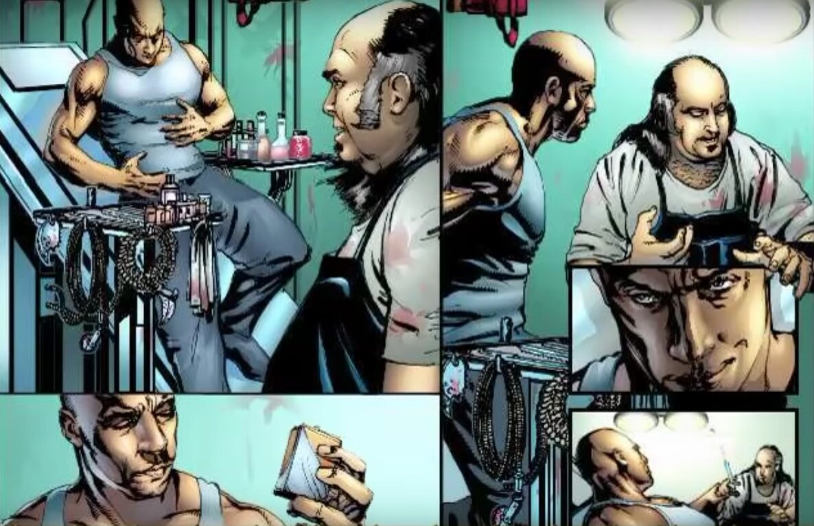 Ветеринар делает Риддику операцию глаз. Версия событий из флэш комикса "Слэм сити". Кадр оттуда же.  