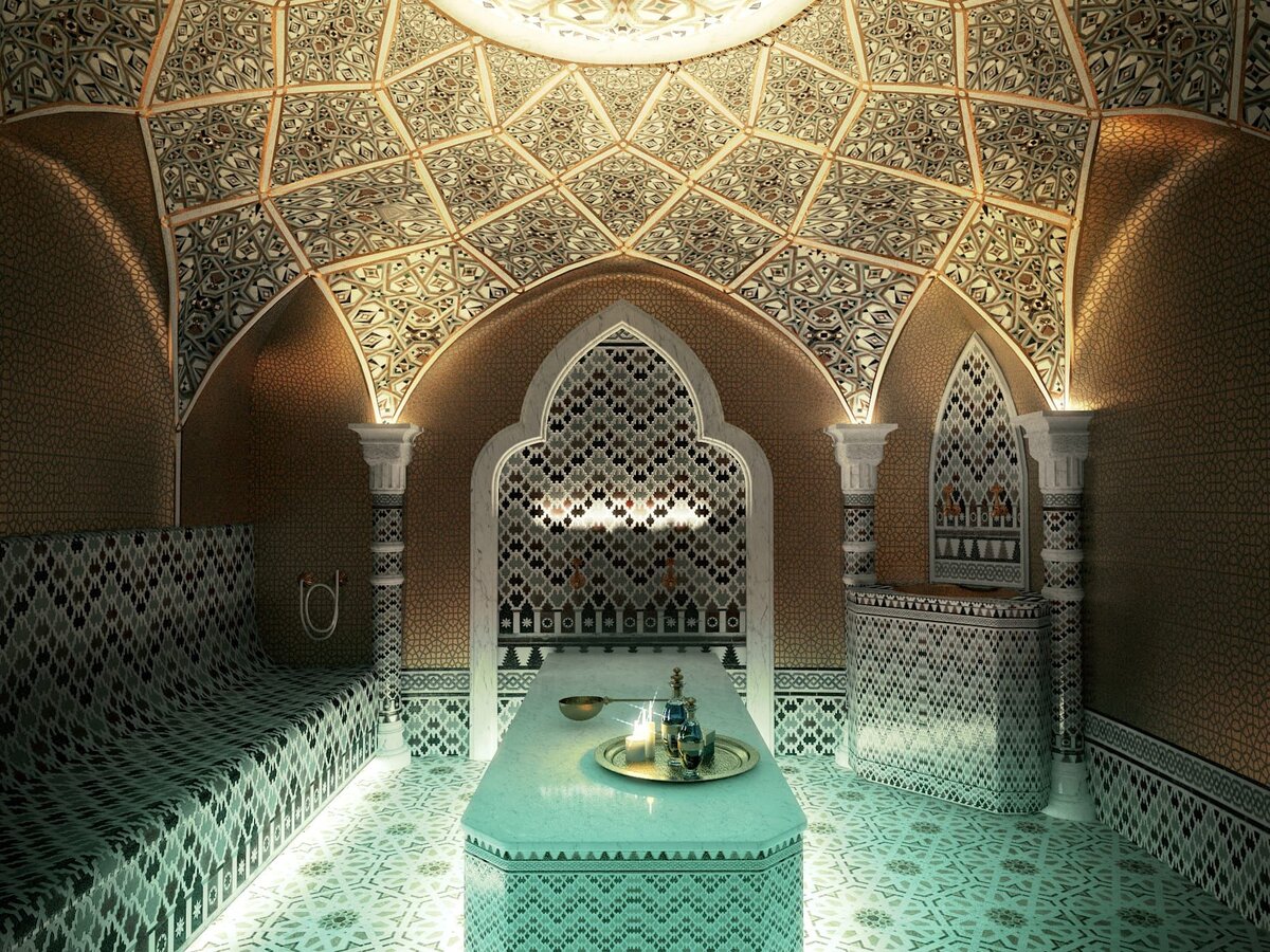 Хамам, как правило, украшается дорого и роскошно. А еще это самый щадящий пар, всего 40-50С. И также, как и в римской терме, несколько этапов погружения в жар.