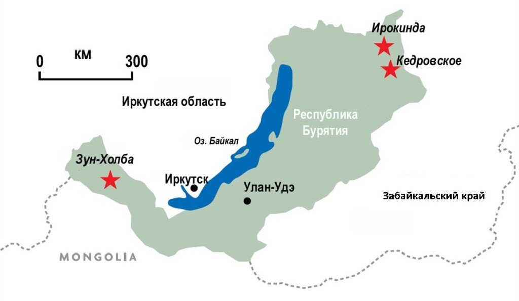 Рис. 1. Размещение главных золоторудных месторождений на территории Республики Бурятия. 