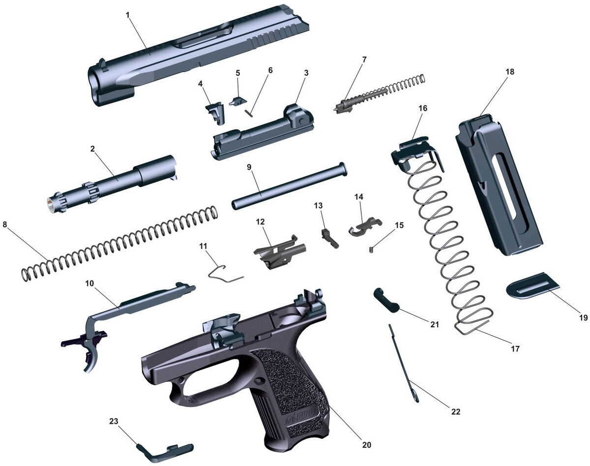 Полная сборка пистолета. Затворная задержка ГШ-18. Затвор ГШ-18.