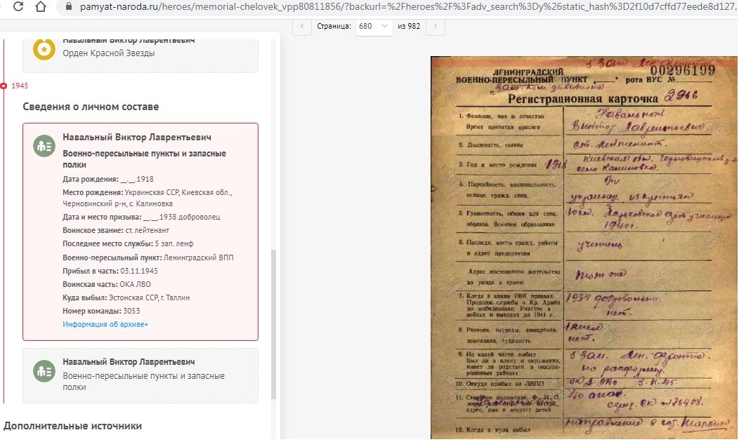 Навальный Виктор, скрин из базы  Память-народа