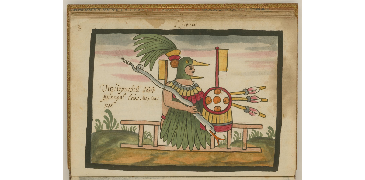 Изображение Уицилопочтли в кодексе 16-го века, исполненное, по всей видимости, испанскими миссионерами. Надпись - "Уицилопочтли - основное божество ацтеков". Шлем отражает суть - колибри