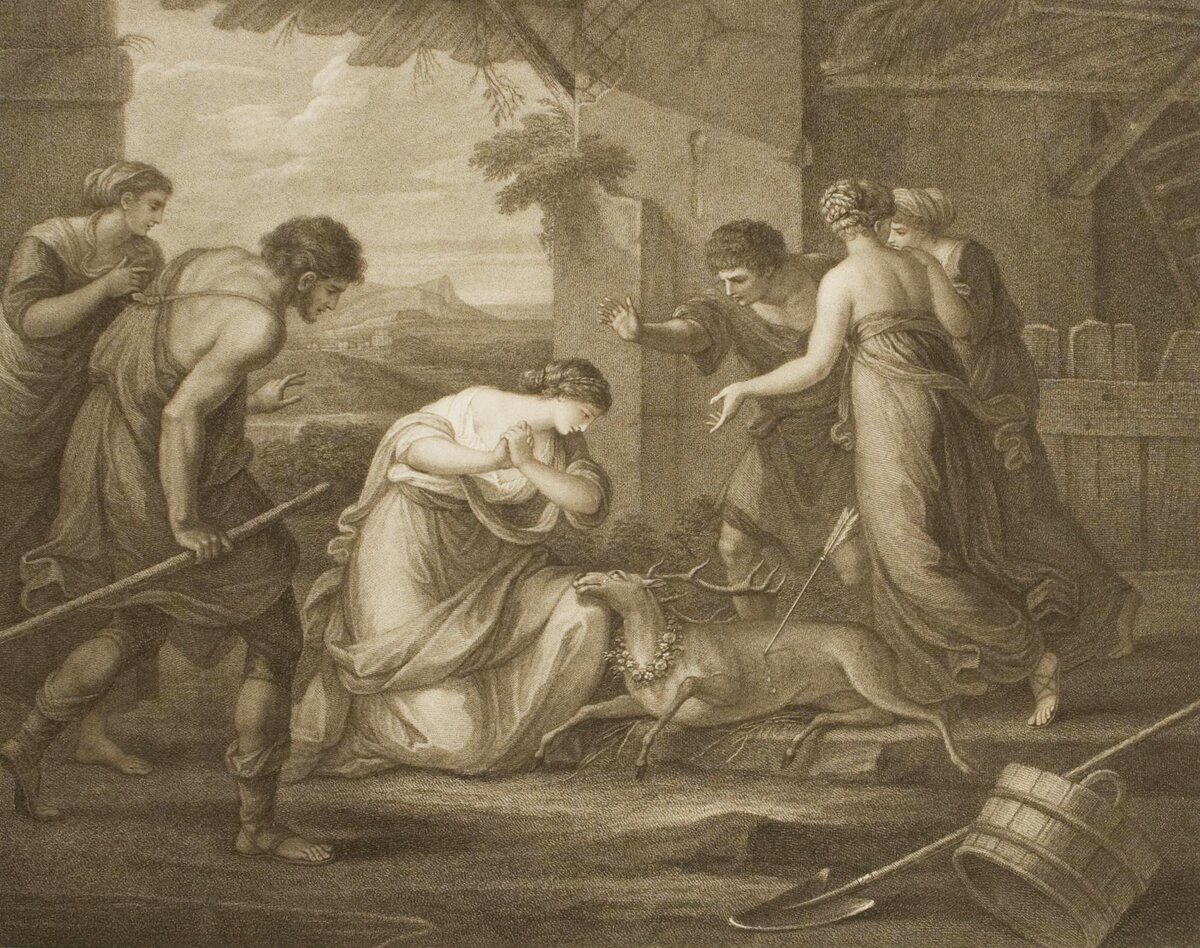 Франческо Бартоллоцци (1718–1815) по оригиналу Ангелики Кауфман (1741–1807)
Смерть оленя Сильвии
1796
Гравюра пунктиром
НИМ РАХ
 