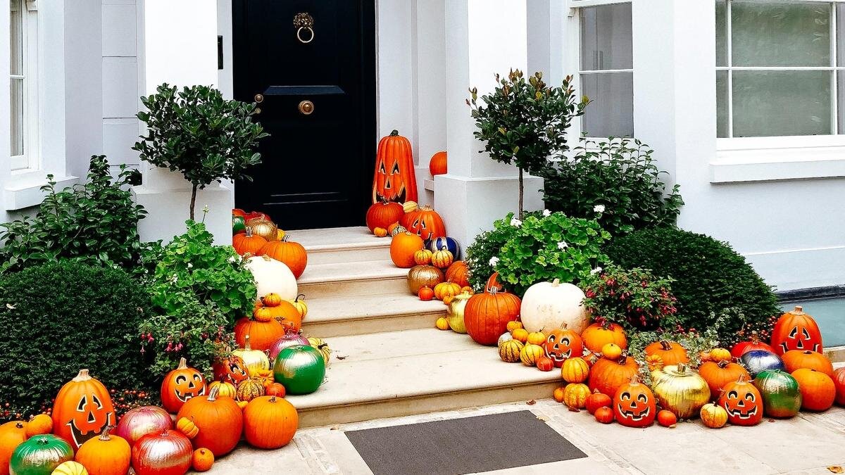    Тыквы выложены у двери дома:Unsplash/Andrei Ianovskii