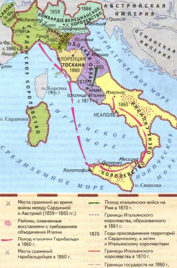 От альп до сицилии объединение италии конспект. Объединение Италии Сардинское королевство. Объединение Италии 1859-1870. Объединение Италии 1859. Карта Италии до объединения в 19 веке.