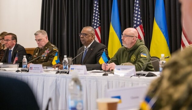    RAMSTEIN-MIESENBACH, GERMANY - JANUARY 20: German Defence Minister Boris Pistorius, Chairman of the U.S. Joint Chiefs of Staff Gen. Mark Milley, U.S. Secretary of Defence Lloyd Austin and Ukrainian Defence Minister Oleksii Reznikov pictured during a meeting of the Ukraine Defense Contact Group at Ramstein Air Base on January 20, 2023 in Ramstein-Miesenbach, Germany. The group, which coordinates international military support for Ukraine, is meeting as the first nations are beginning to promise the delivery editor