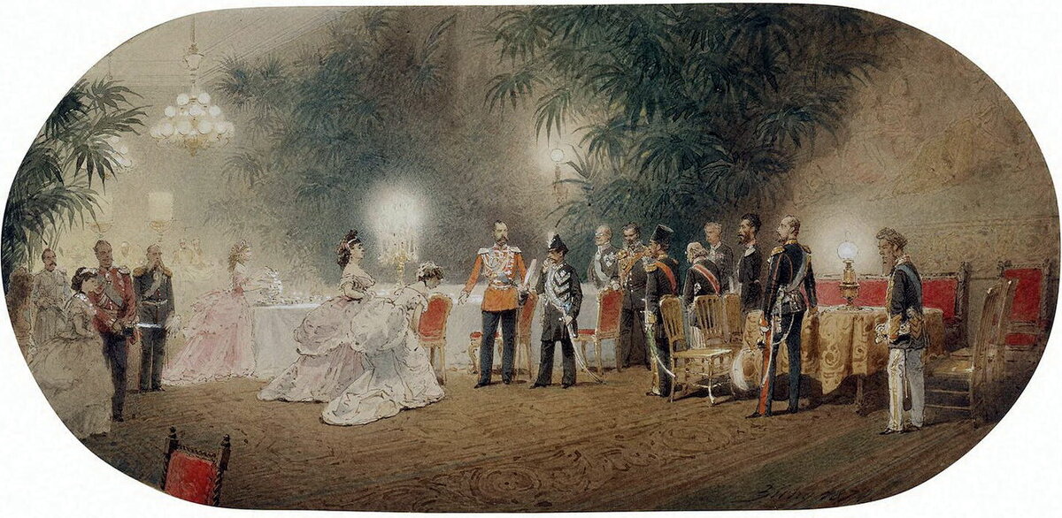 Фотографий представления Музаффар-ад-Дину не сохранилось. Но на данной картинке изображено представление Высшего света Петербурга Шаху Насир-ад-Дину (отцу Музаффар-ад-Дина) которое выглядело почти точно также.