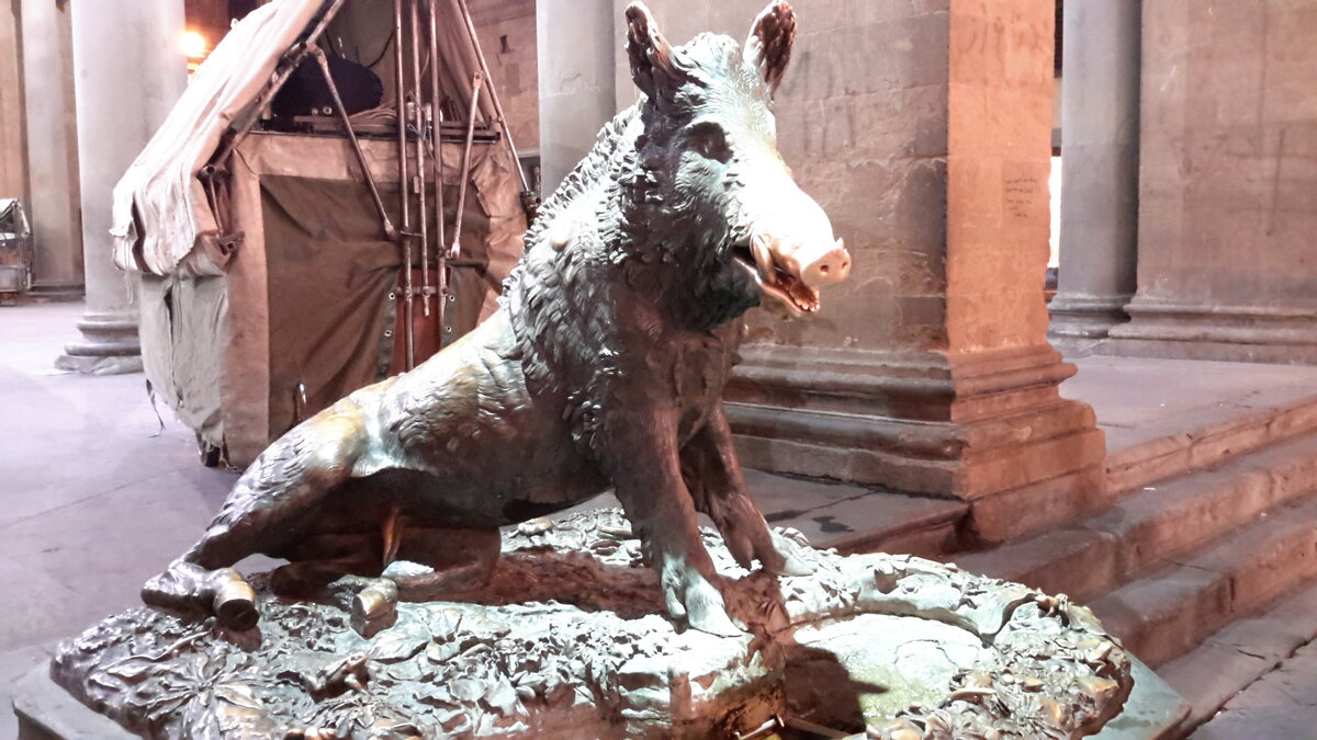 Только поздно вечером можно сфотографировать знаменитого кабана без людей, но при этом на фоне непонятной конструкции на колесах.