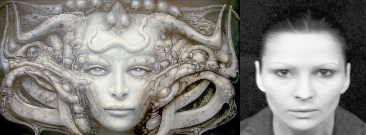 Реальное фото жены художника и портрет, написанный Гансом Рудольфом Гигером