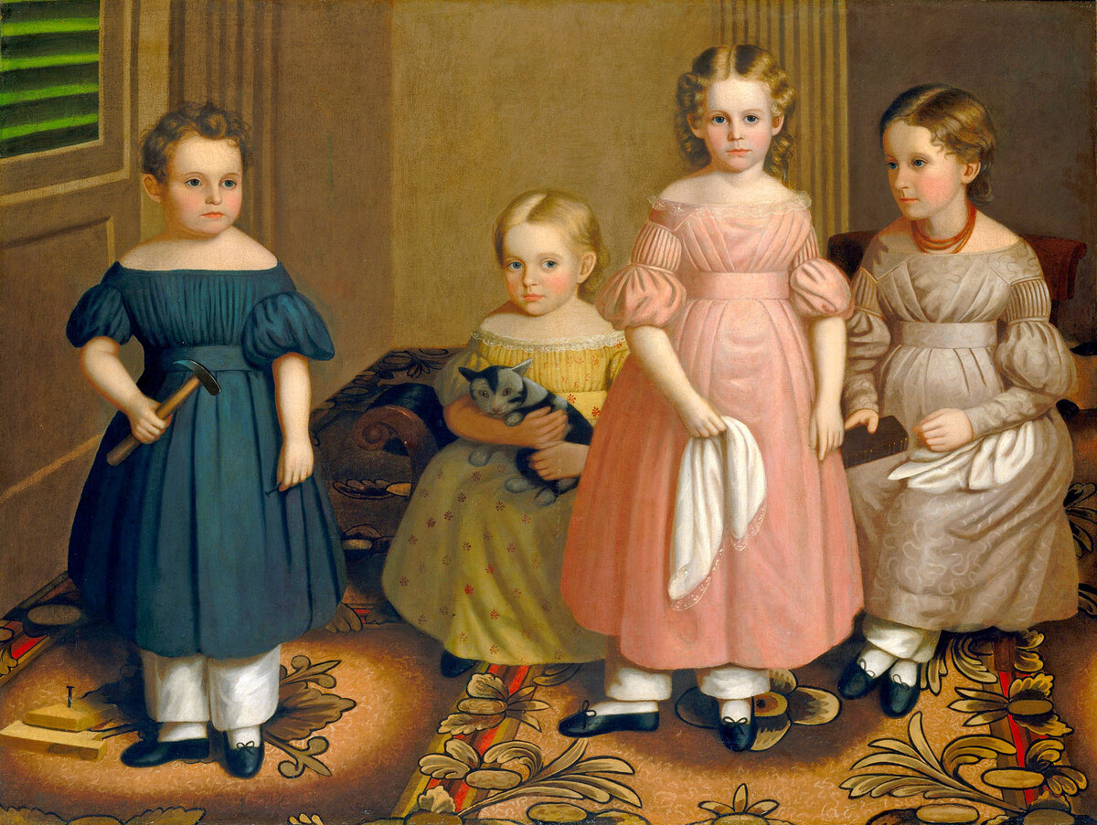 Оливер Тарбелл Эдди "Дети Аллингов", 1839. Картина нарисована в память об умершем сыне Аллингов - он стоит особняков слева, в пятне света у его ног.