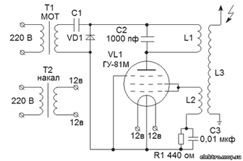 Схема ламповой катушки Тесла