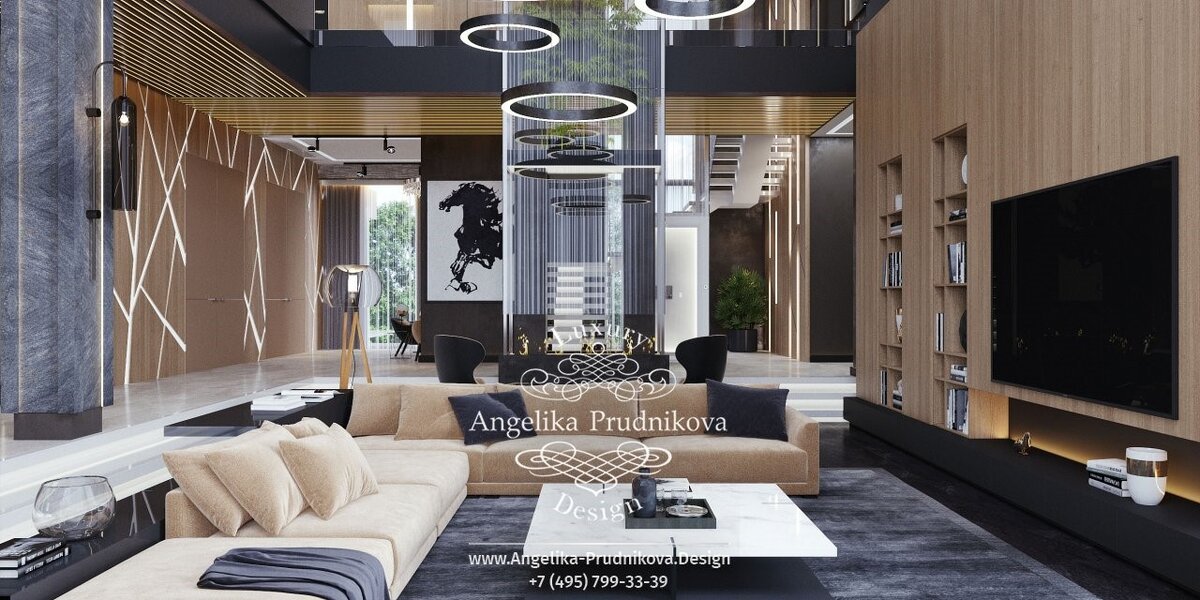 На фото: Деревянная отделка современной гостиной с камином