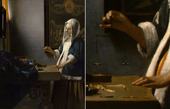 Ян Вермеер "Женщина с весами" детали картины. Фото Яндекс картинки.