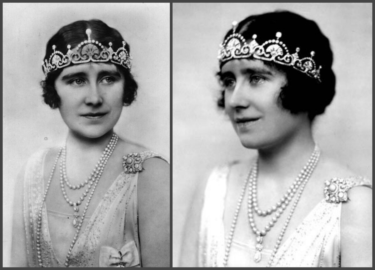 Изначально украшение представляло собой египетское ожерелье с бриллиантами и жемчугом, которое  преподнес матери королевы ее жених принц Альберт. Но оно оказалось настолько тяжелым, что Елизавета потребовала переделать его в тиару