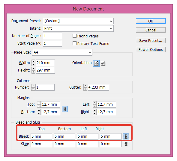Иллюстрация 2. Задание выпуска за обрез в новом документе в Adobe InDesign