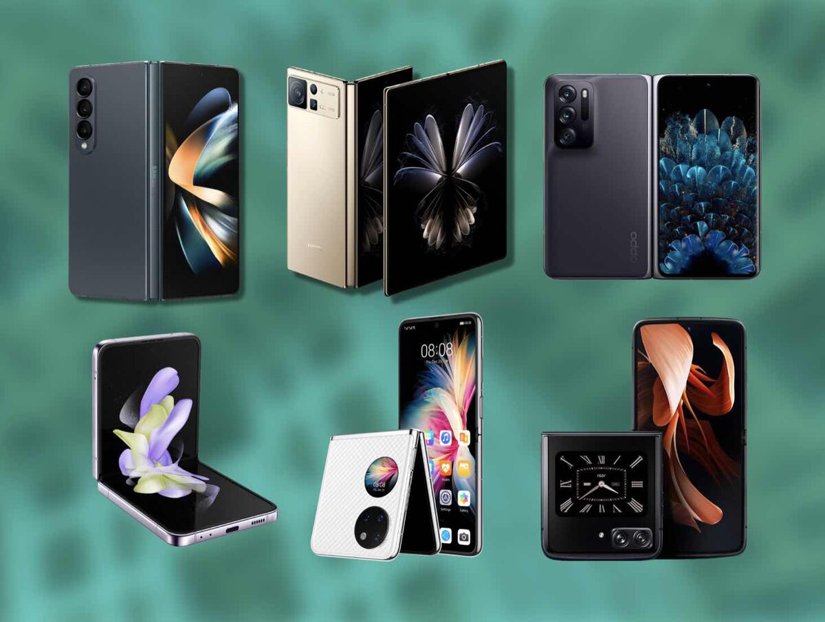 Слева ссверху: Samsung Galaxy Z Fold 4, Xiaomi Mix Fold 2, OPPO Find N, Samsung Galaxy Z Flip 4, HUAWEI P50 Pocket и Motorola RAZR 2022 — лучшие складные смартфоны 2022 года.