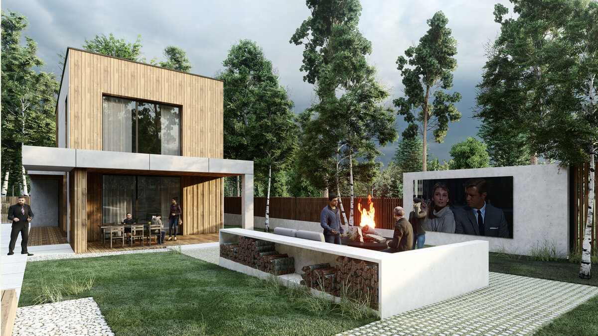 Вид на гостевой дом и зону отдыха с костровищем © CNTR Architects