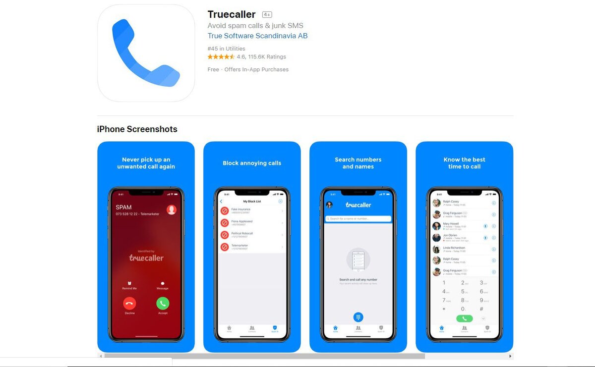 Страница приложения TrueCaller в AppStore
