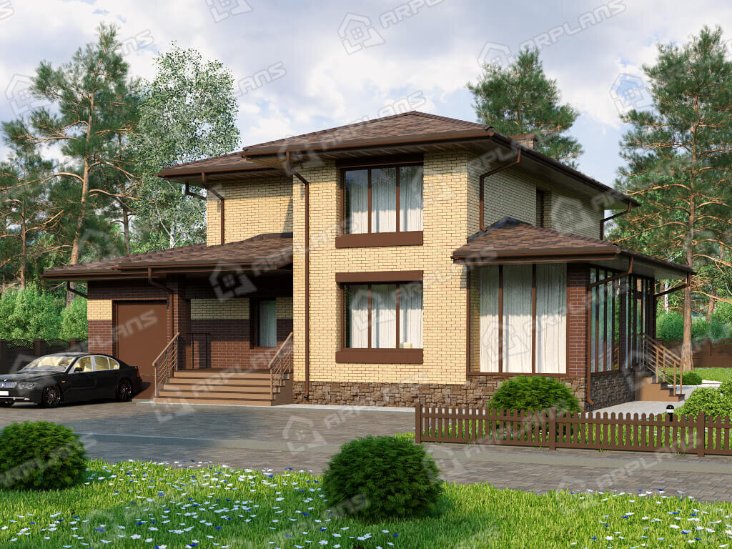 Фото 2 двухэтажного дома из газобетона с 4 спальнями, газовой котельной, гаражом и террасой. Общая площадь 246 кв м. Источник arplans.ru Проект К-364