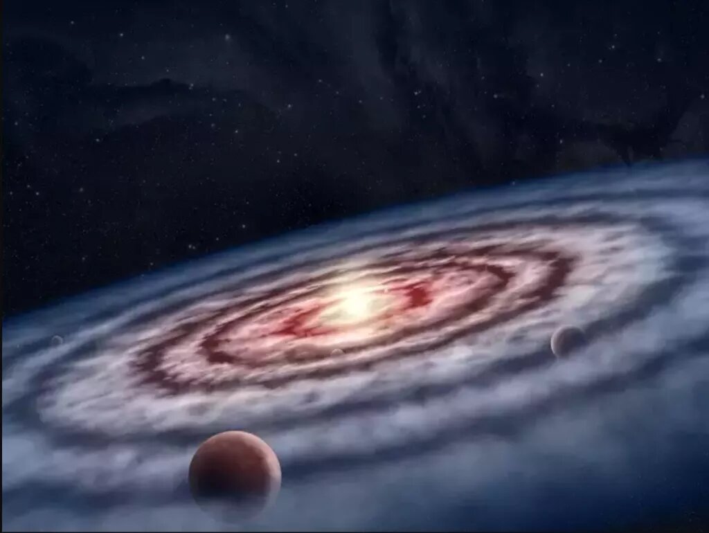 An artist's depiction of planets forming from the disk around the young star GM Aurigae.