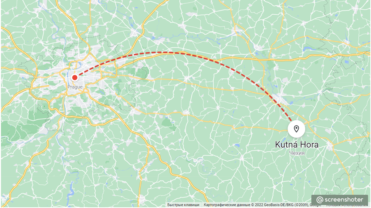 Удаленность Кутна Гора от Праги